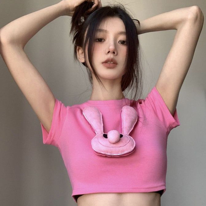 [littlecrab] Kaos Pink Jepitan Kelinci Jelek / Kaos Oversize Crop Top Rabbit Pin / Full Pink Aesthetic Korean Style