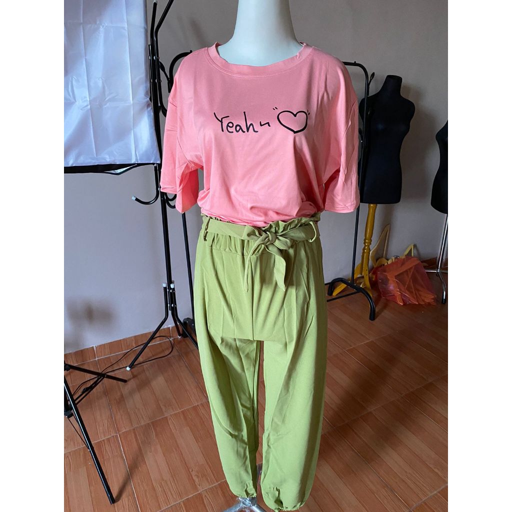 Setelan Wanita Daily Set One Set Oversize Hijau Hati Love Selebgram Korean Style Baju 1 Set Kaos Celana Karet Lembut Berkualitas