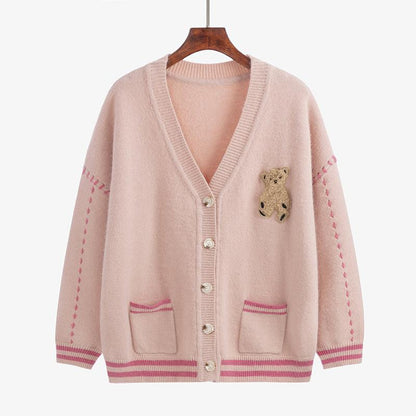 [littlecrab] Cardigan Rajut Bear Putih Pink Oversize Outer Jaket Putih Pink Beruang OOTD Rajut Gingham Knit Kancing Two Tone Korean Style