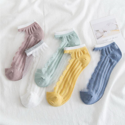 [littlecrab] Kaos Kaki Soft Semi Transparan Women Socks Jaring Kaus Kaki Berkualitas Korean Style Colorful Pastel Renda Aesthetic Clear
