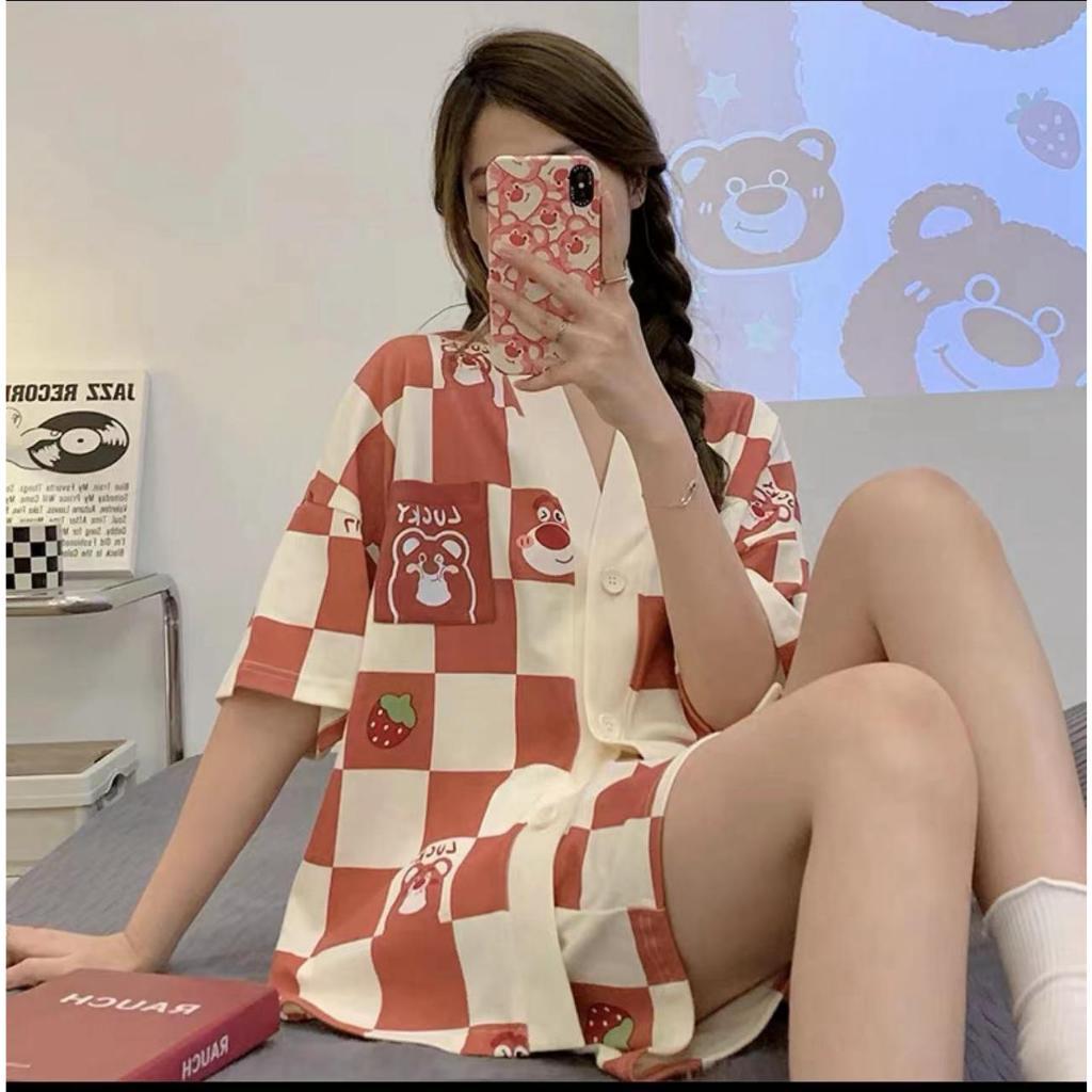 [littlecrab] Baju Tidur Set Kancing Lengan Pendek Celana Pendek Piyama Setelan Full Pattern Lotso Sanrio Awan Bunga Sleep Wear Hot Pants Model Shirt Korean Style