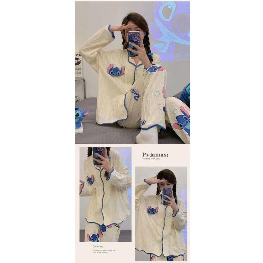 [littlecrab] Baju Tidur Set Kancing Depan Putih Cream Aesthetic Lengan Panjang Celana Panjang Bordir Lucu Unik Cute Pattern Setelan White Sleep Wear Shirt Korean Style