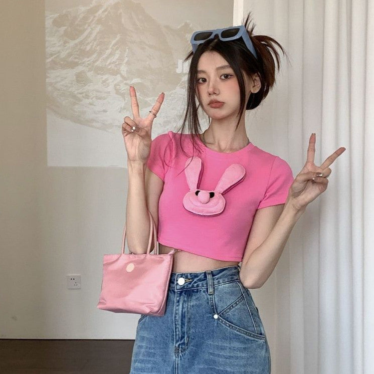 [littlecrab] Kaos Pink Jepitan Kelinci Jelek / Kaos Oversize Crop Top Rabbit Pin / Full Pink Aesthetic Korean Style
