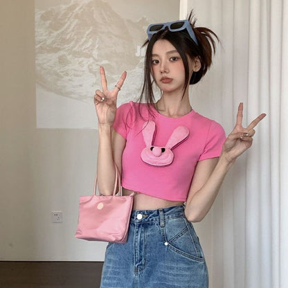 [littlecrab] Kaos Pink Jepitan Kelinci Jelek / Kaos Oversize Crop Top Rabbit Pin / Full Pink Aesthetic Korean Style