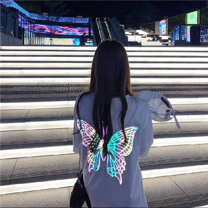 [littlecrab] Kaos Oversize Kupu-Kupu Glow in Flash / Big Back Butterfly Pattern Hologram T-Shirt Manik-Manik Simple Aesthetic Korean Style