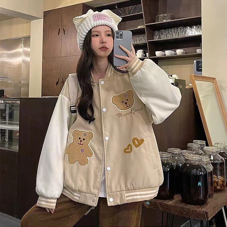 [littlecrab] Jaket Versity Baseball Motif Bear Beruang Two Tone Cream Putih Jacket Varsity Tebal Berkualitas Premium Outer Unik Love Bordir Korean Style