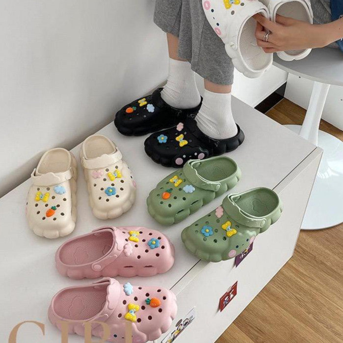 [littlecrab] Sandal Lobang Motif Awan Jibbitz Pita Bunga Wortel Sendal Eva Anti Air Unik Lucu Classic Korean Style