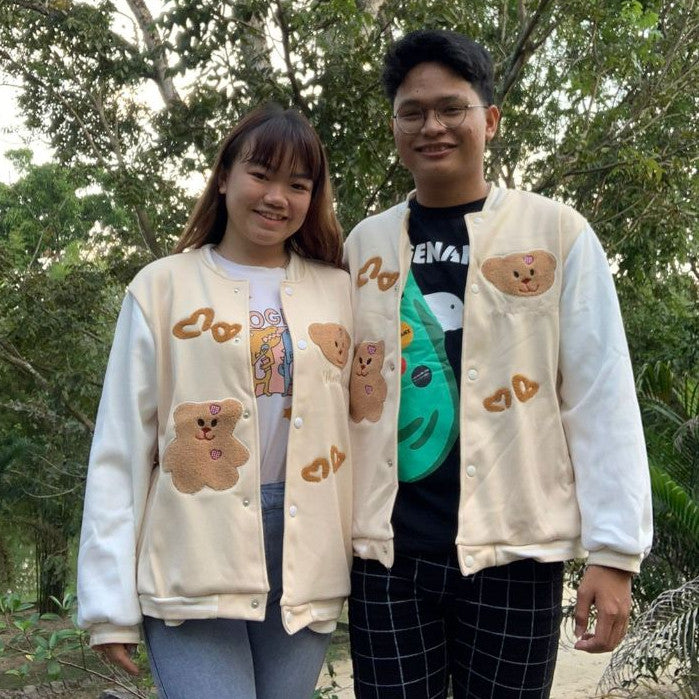 [littlecrab] Jaket Versity Baseball Motif Bear Beruang Two Tone Cream Putih Jacket Varsity Tebal Berkualitas Premium Outer Unik Love Bordir Korean Style