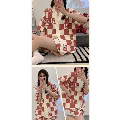 [littlecrab] Baju Tidur Set Kancing Lengan Pendek Celana Pendek Piyama Setelan Full Pattern Lotso Sanrio Awan Bunga Sleep Wear Hot Pants Model Shirt Korean Style