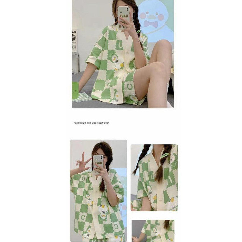 [littlecrab] Baju Tidur Set Kancing Lengan Pendek Celana Pendek Piyama Setelan Full Pattern Lotso Sanrio Awan Bunga Sleep Wear Hot Pants Model Shirt Korean Style