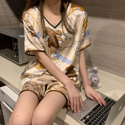 [littlecrab] Baju Tidur Licin Lengan Pendek Celana Pendek Satin Setelan Full Pattern Piyama Cartoon Unik Lucu Korean Style Sleep Wear Hot Pants Kaos Aesthetic