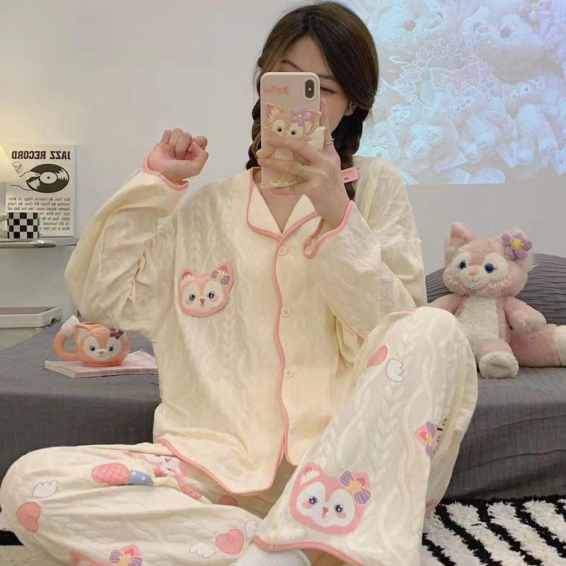 [littlecrab] Baju Tidur Set Kancing Depan Putih Cream Aesthetic Lengan Panjang Celana Panjang Bordir Lucu Unik Cute Pattern Setelan White Sleep Wear Shirt Korean Style