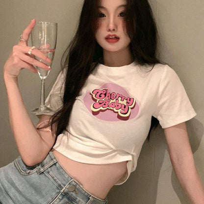 [littlecrab] Crop Top Cherry Baby / Lettering Top Atasan Wanita Hitam Putih Pink Sablon / T-shirt Crop Korean Style