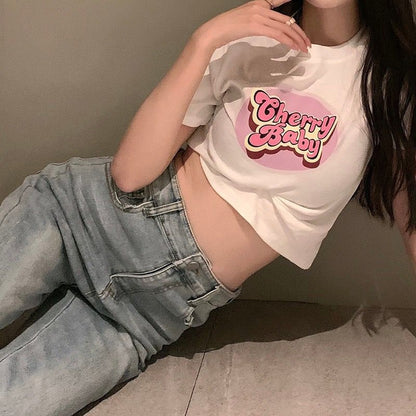 [littlecrab] Crop Top Cherry Baby / Lettering Top Atasan Wanita Hitam Putih Pink Sablon / T-shirt Crop Korean Style
