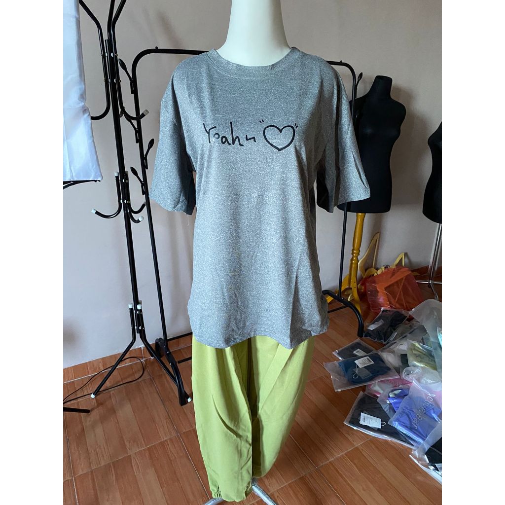 Setelan Wanita Daily Set One Set Oversize Hijau Hati Love Selebgram Korean Style Baju 1 Set Kaos Celana Karet Lembut Berkualitas