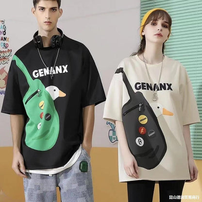 [littlecrab] Kaos Oversize Bebek Genanx Kantong Tas Kaus Gambar 3d Waistbag Ducky Baju Serbaguna Motif Unik Tshirt With Bag