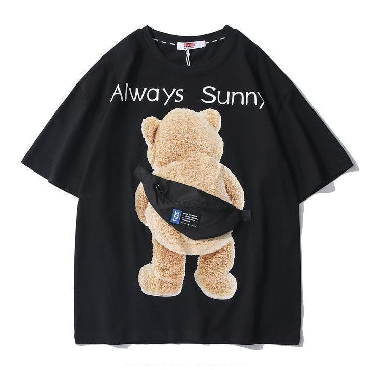 [littlecrab] Kaos Oversize Teddy Bear Sling Bag Always Sunny Beruang Tas Kantong Kaus Gambar 3d Waistbag Baju Serbaguna Motif Unik Tshirt With Bag