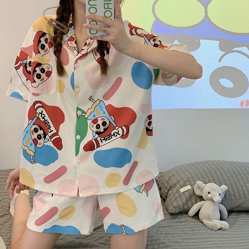 [littlecrab] Baju Tidur Set Kemeja Lengan Pendek Celana Pendek Piyama Setelan Full Pattern Piyama Kancing Depan Unik Motif Lucu Korean Style Sleep Wear Hot Pants Model Shirt