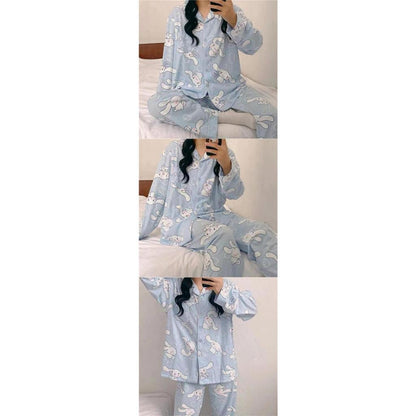 [littlecrab] Baju Tidur Set Kemeja Lengan Panjang Celana Panjang Piyama Setelan Full Pattern Kancing Depan Unik Motif Lucu Korean Style Sleep Wear