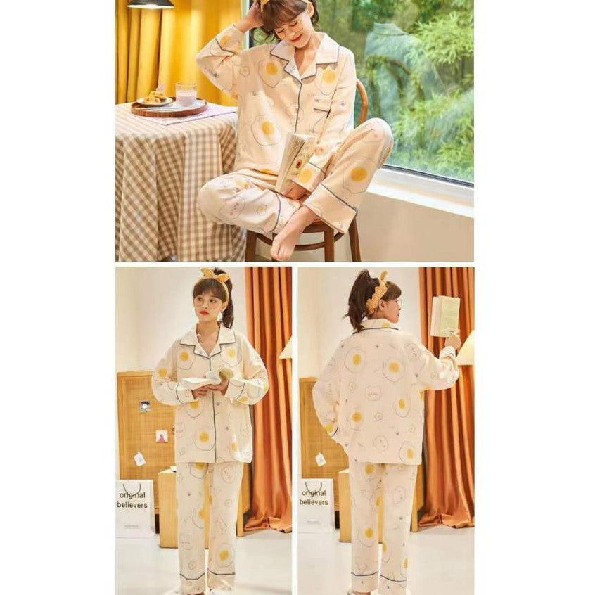 [littlecrab] Baju Tidur Set Kemeja Lengan Panjang Celana Panjang Piyama Setelan Full Pattern Kancing Depan Unik Motif Lucu Korean Style Sleep Wear