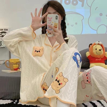 [littlecrab] Baju Tidur Set Kancing Depan Putih Cream Aesthetic Lengan Panjang Celana Panjang Bordir Lucu Unik Cute Pattern Setelan White Sleep Wear Shirt Korean Style