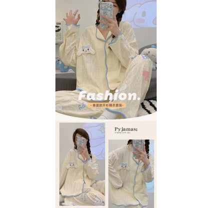 [littlecrab] Baju Tidur Set Kancing Depan Putih Cream Aesthetic Lengan Panjang Celana Panjang Bordir Lucu Unik Cute Pattern Setelan White Sleep Wear Shirt Korean Style