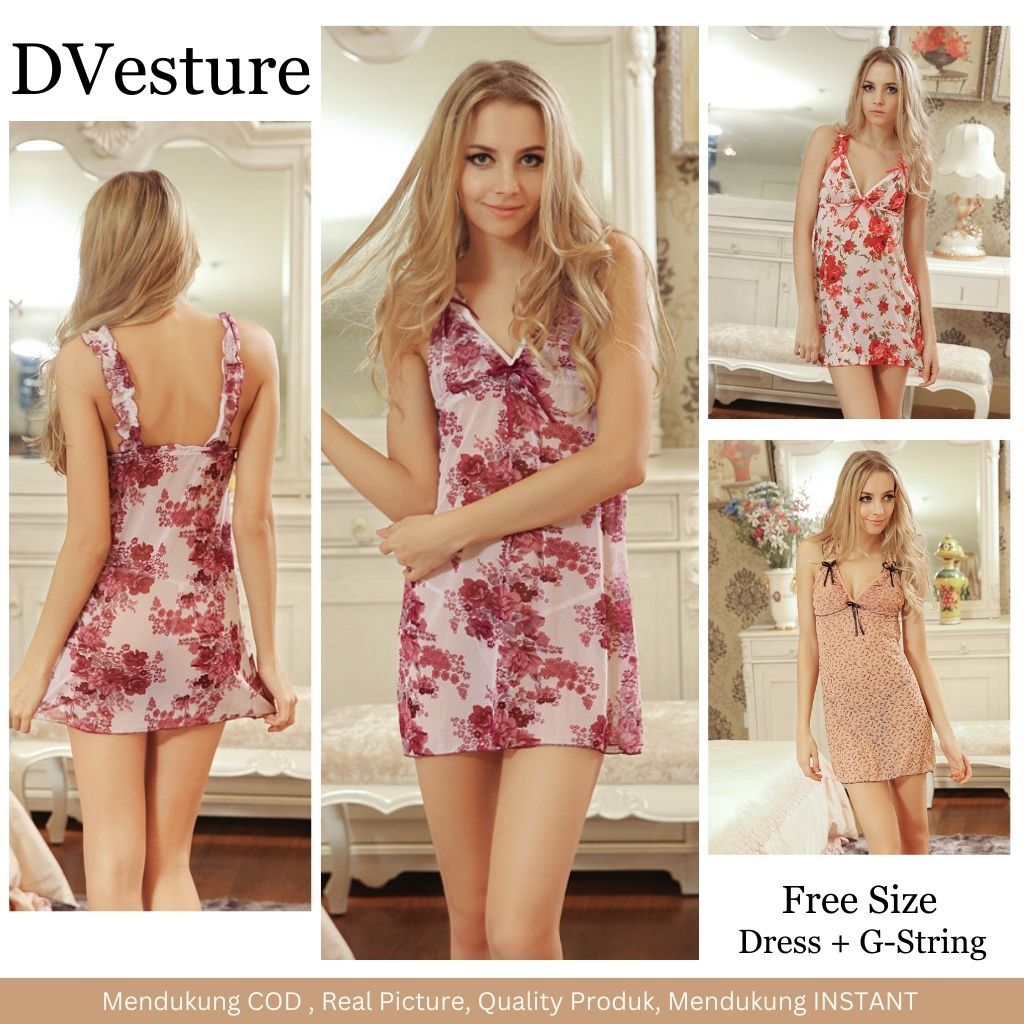 Pekanbaru Lingerie Seksi Set D-103 Dress Floral Suspender Pakaian Dalam Baju Tidur Wanita Dewasa Seksi Baju Dinas Malam Panjang