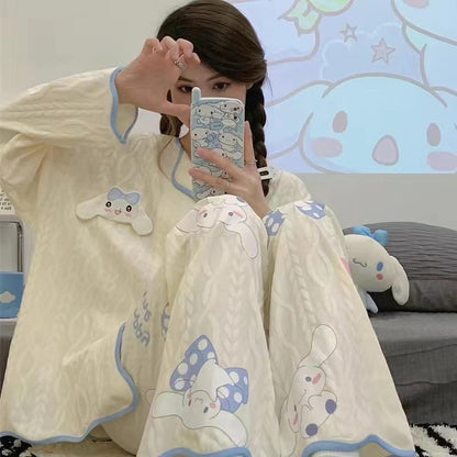 [littlecrab] Baju Tidur Set Kancing Depan Putih Cream Aesthetic Lengan Panjang Celana Panjang Bordir Lucu Unik Cute Pattern Setelan White Sleep Wear Shirt Korean Style