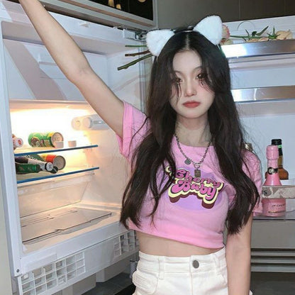 [littlecrab] Crop Top Cherry Baby / Lettering Top Atasan Wanita Hitam Putih Pink Sablon / T-shirt Crop Korean Style