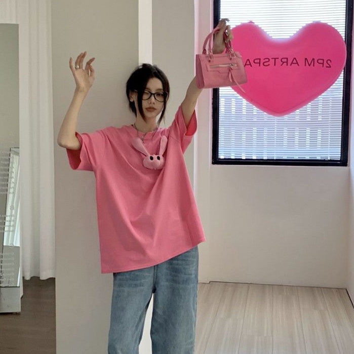 [littlecrab] Kaos Pink Jepitan Kelinci Jelek / Kaos Oversize Crop Top Rabbit Pin / Full Pink Aesthetic Korean Style