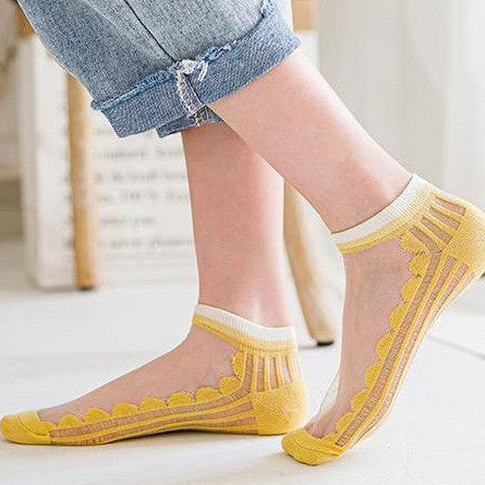 [littlecrab] Kaos Kaki Soft Semi Transparan Women Socks Jaring Kaus Kaki Berkualitas Korean Style Colorful Pastel Renda Aesthetic Clear