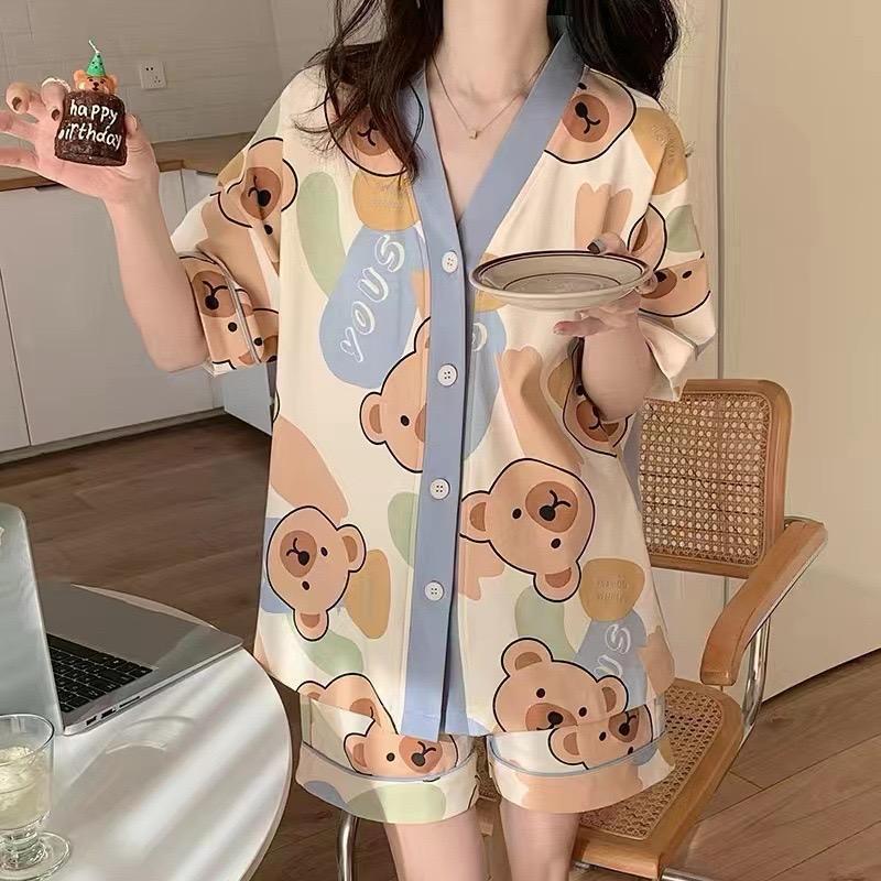 [littlecrab] Baju Tidur Set Kancing Lengan Pendek Celana Pendek Piyama Setelan Full Pattern Lotso Sanrio Awan Bunga Sleep Wear Hot Pants Model Shirt Korean Style