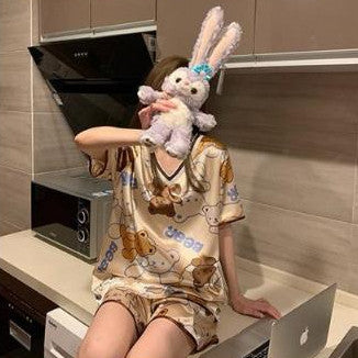 [littlecrab] Baju Tidur Licin Lengan Pendek Celana Pendek Satin Setelan Full Pattern Piyama Cartoon Unik Lucu Korean Style Sleep Wear Hot Pants Kaos Aesthetic