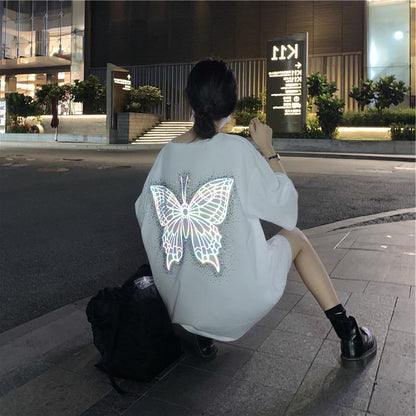 [littlecrab] Kaos Oversize Kupu-Kupu Glow in Flash / Big Back Butterfly Pattern Hologram T-Shirt Manik-Manik Simple Aesthetic Korean Style