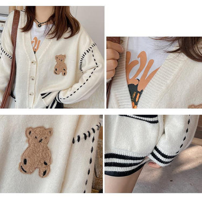 [littlecrab] Cardigan Rajut Bear Putih Pink Oversize Outer Jaket Putih Pink Beruang OOTD Rajut Gingham Knit Kancing Two Tone Korean Style