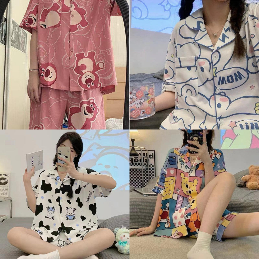 [littlecrab] Baju Tidur Set Kemeja Lengan Pendek Celana Pendek Piyama Setelan Full Pattern Piyama Kancing Depan Unik Motif Lucu Korean Style Sleep Wear Hot Pants Model Shirt