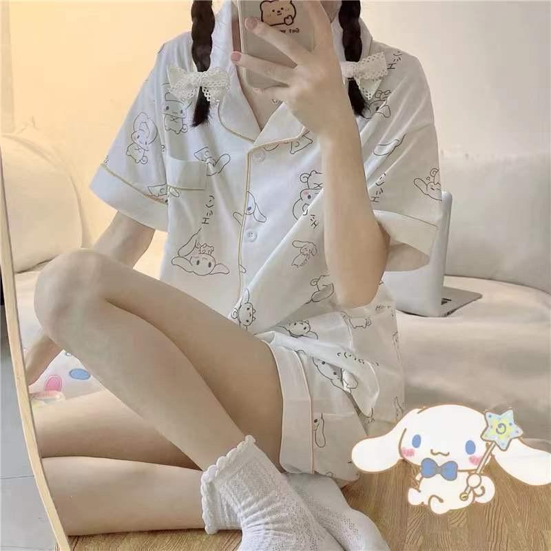 [littlecrab] Baju Tidur Set Kemeja Lengan Pendek Celana Pendek Piyama Setelan Full Pattern Piyama Kancing Depan Unik Motif Lucu Korean Style Sleep Wear Hot Pants Model Shirt