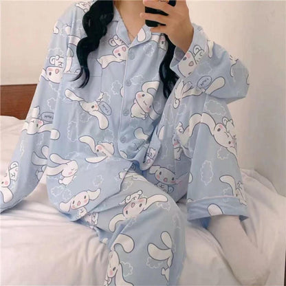 [littlecrab] Baju Tidur Set Kemeja Lengan Panjang Celana Panjang Piyama Setelan Full Pattern Kancing Depan Unik Motif Lucu Korean Style Sleep Wear