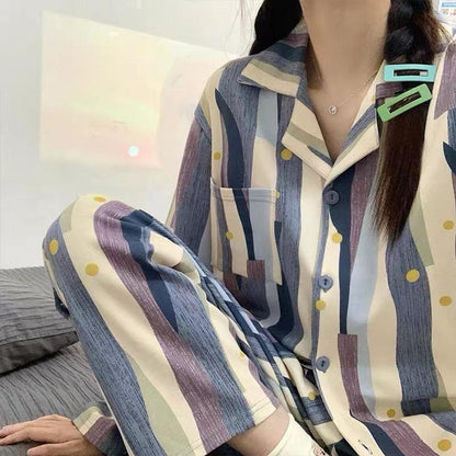 [littlecrab] Baju Tidur Set Kemeja Lengan Panjang Celana Panjang Piyama Setelan Full Pattern Kancing Depan Unik Motif Lucu Korean Style Sleep Wear
