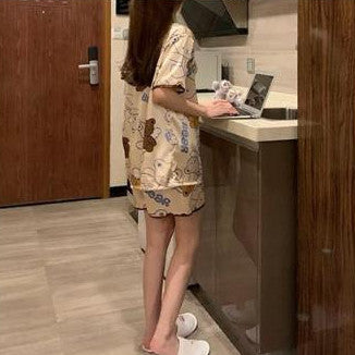 [littlecrab] Baju Tidur Licin Lengan Pendek Celana Pendek Satin Setelan Full Pattern Piyama Cartoon Unik Lucu Korean Style Sleep Wear Hot Pants Kaos Aesthetic