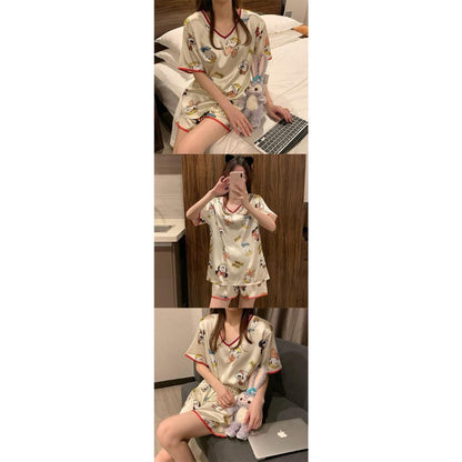 [littlecrab] Baju Tidur Licin Lengan Pendek Celana Pendek Satin Setelan Full Pattern Piyama Cartoon Unik Lucu Korean Style Sleep Wear Hot Pants Kaos Aesthetic