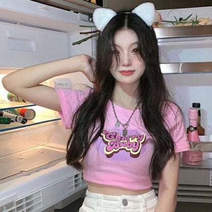 [littlecrab] Crop Top Cherry Baby / Lettering Top Atasan Wanita Hitam Putih Pink Sablon / T-shirt Crop Korean Style