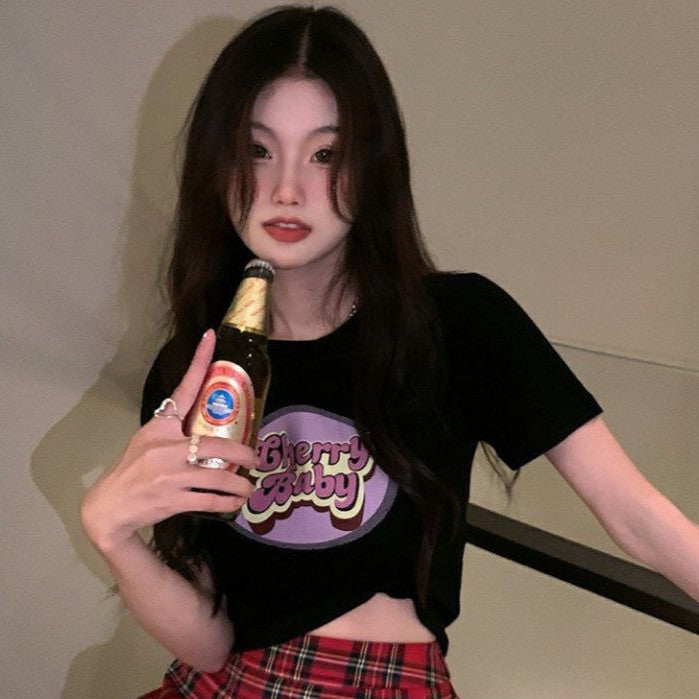 [littlecrab] Crop Top Cherry Baby / Lettering Top Atasan Wanita Hitam Putih Pink Sablon / T-shirt Crop Korean Style