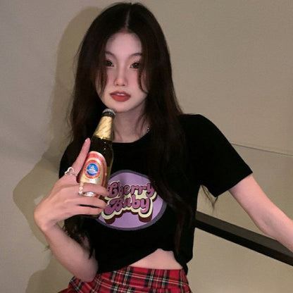 [littlecrab] Crop Top Cherry Baby / Lettering Top Atasan Wanita Hitam Putih Pink Sablon / T-shirt Crop Korean Style