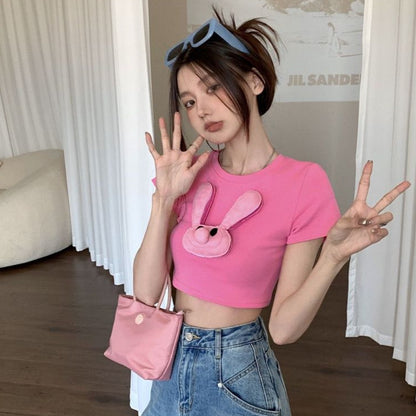 [littlecrab] Kaos Pink Jepitan Kelinci Jelek / Kaos Oversize Crop Top Rabbit Pin / Full Pink Aesthetic Korean Style