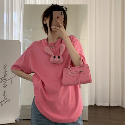 [littlecrab] Kaos Pink Jepitan Kelinci Jelek / Kaos Oversize Crop Top Rabbit Pin / Full Pink Aesthetic Korean Style