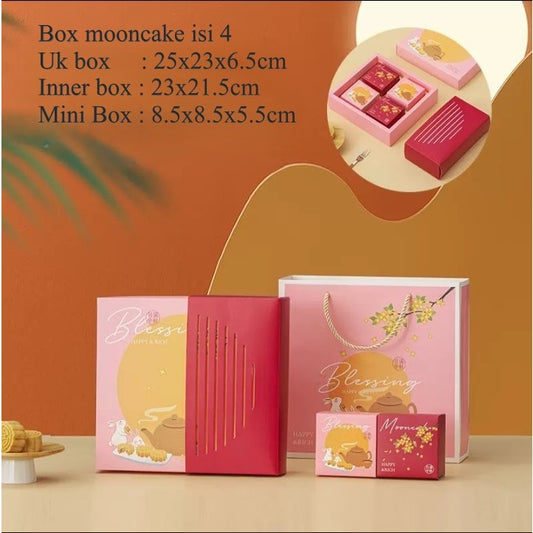 Pekanbaru Mooncake Hampers Box / Kotak Kue Bulan Set Mini + P.Bag Pink Sekat 4