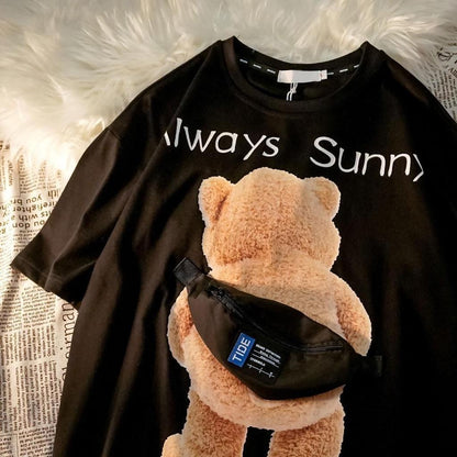 [littlecrab] Kaos Oversize Teddy Bear Sling Bag Always Sunny Beruang Tas Kantong Kaus Gambar 3d Waistbag Baju Serbaguna Motif Unik Tshirt With Bag