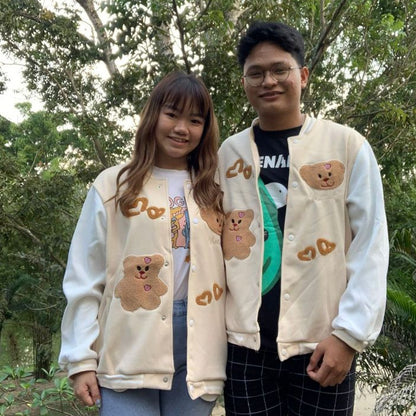 [littlecrab] Jaket Versity Baseball Motif Bear Beruang Two Tone Cream Putih Jacket Varsity Tebal Berkualitas Premium Outer Unik Love Bordir Korean Style
