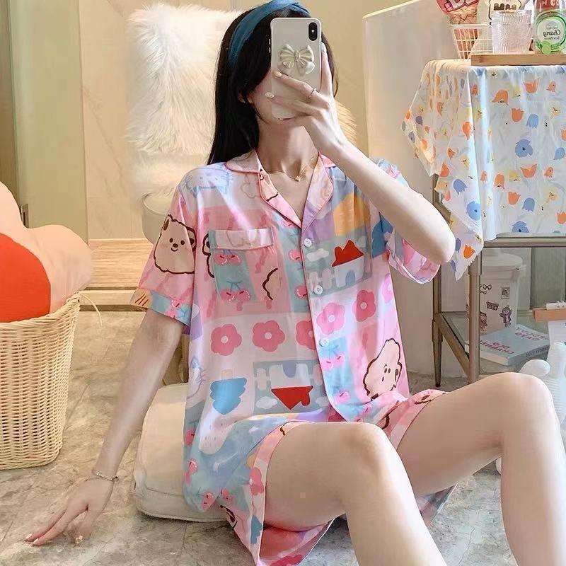 [littlecrab] Baju Tidur Set Kemeja Lengan Pendek Celana Pendek Piyama Setelan Full Pattern Piyama Kancing Depan Unik Motif Lucu Korean Style Sleep Wear Hot Pants Model Shirt